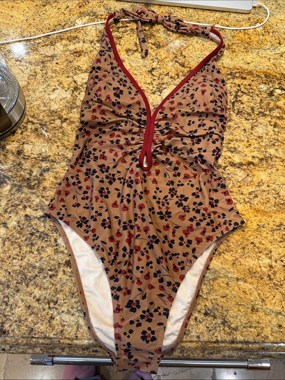 Cupshe Tan Floral Halter One-Piece Swimsuit with Red Trim